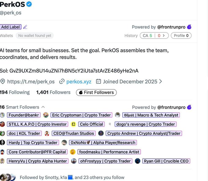 A Twitter/X profile screenshot for 'PerkOS' (@perk_os) describing itself as 'AI teams for small businesses,' showing 1,401 followers, a solana address, and various smart followers in the crypto space.
