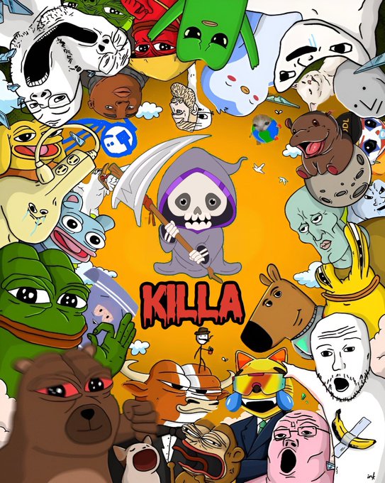 A colorful collage of various internet meme characters surrounding a grim reaper figure holding a scythe above the word 'KILLA'.