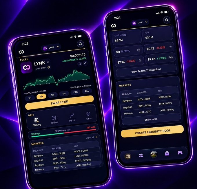 Two smartphones display the 'LYNK' cryptocurrency token trading interface, showing market cap of $3.1M, price of $0.00145, and liquidity pool markets.