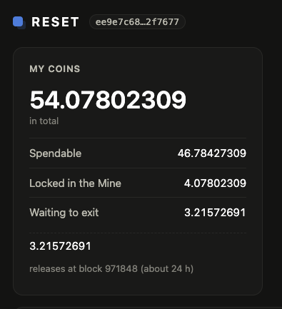 A dark-themed app screen shows 'MY COINS' totaling 54.07802309, with breakdowns for 'Spendable 46.78427309', 'Locked in the Mine 4.07802309', and 'Waiting to exit 3.21572691'.