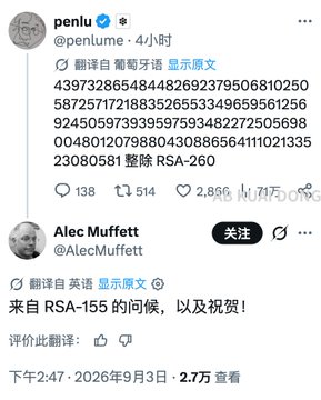 A Twitter/X post by @penlume showing a large integer number (439732865484482692379506810250587251721883526553349659561256924505973939597593482272505698004801207988043088656411102133523080581) and noting it is '整除 RSA-260' (divisible by RSA-260). A reply by Alec Muffett (@AlecMuffett) translates it as '来自 RSA-155 的问候，以及祝贺!' (Greetings and congratulations from RSA-155!).