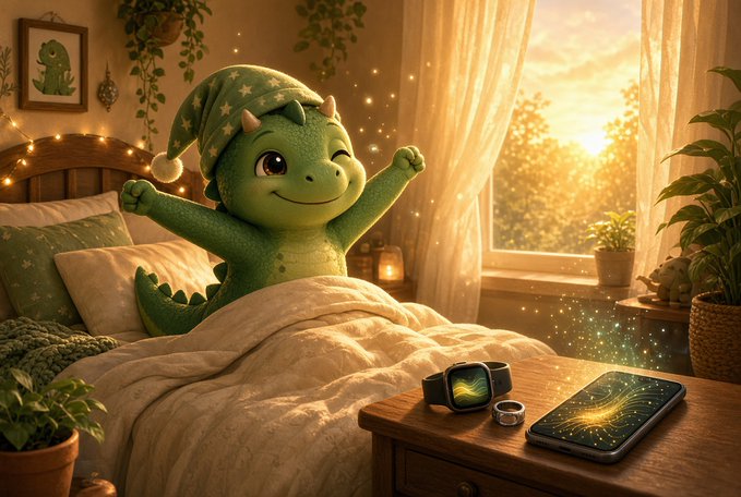 An illustrated scene shows a cute green baby dinosaur wearing a star-patterned nightcap, sitting up in bed with arms raised in joy, next to a nightstand holding a smartwatch and phone, with magical sparkles floating nearby.