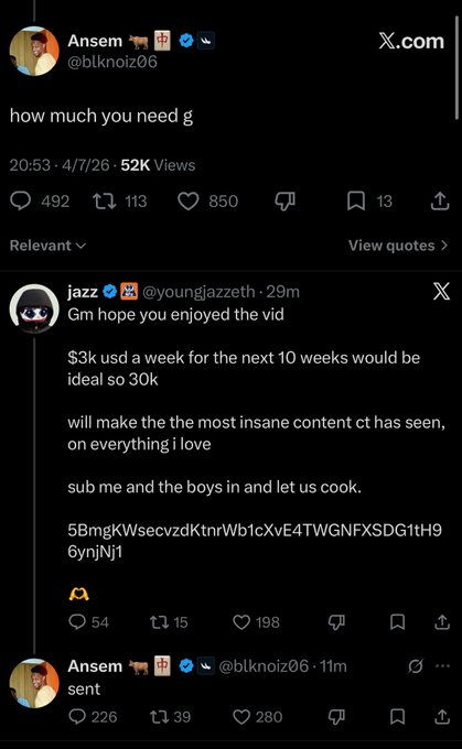 The image shows a viral X (Twitter) exchange where user @blknoiz06 tweets "how much you need g," prompting @youngjazzeth to quote-tweet with a request for $3K weekly for 10 weeks ($30K total) to create content onboarding normies to $Ansem, followed by a crypto wallet address. Ansem responds with "sent," and the caption context reveals the quote-tweet recipient subsequently launched a rival KOL coin airdropping based on Ansem interactions rather than showing gratitude.