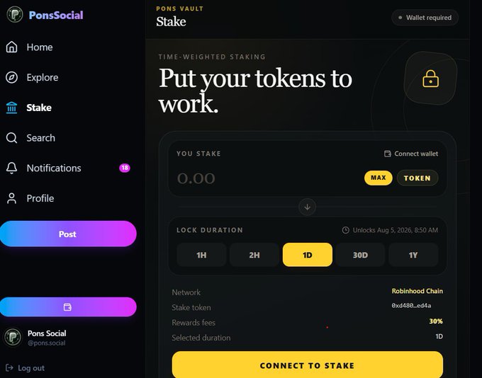 A screenshot of PonsSocial staking interface showing 'Put your tokens to work' with time-weighted staking options on Robinhood Chain and 30% rewards fee.