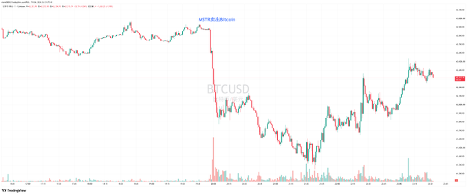 A BTC/USD TradingView candlestick chart showing a sharp drop and subsequent recovery, labeled 'WGT外汇退出#coin' in Chinese.