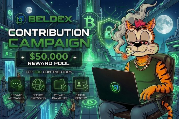 A "BELDEX CONTRIBUTION CAMPAIGN" banner offering a $50,000 reward pool for the top 300 contributors, featuring a cartoon tiger character smoking a cigar while using a laptop, with icons for private messaging, secure browsing, private payments, and digital identity.