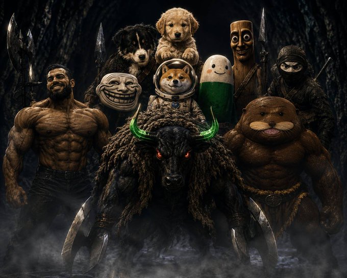 The image is a fantasy-style group portrait featuring a menacing assembly of meme characters and creatures—including a muscular bearded warrior, a trollface, dogs in a spacesuit, an otter, a corn cob figure, a ninja, and a horned beast—all standing together in a dark, cave-like setting. The chaotic lineup of internet meme figures visually amplifies the post's hype about an upcoming significant event, suggesting an unusual, attention-grabbing gathering of diverse "forces" ready for action.