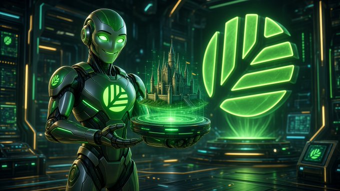 An AI-generated illustration of a futuristic green robotic figure holding a glowing dish, with a large green leaf-shaped logo in a high-tech setting.
