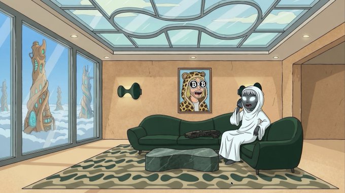 A cartoon scene of a ghost-like figure in white robes talking on a phone while sitting on a green couch in a modern living room with cloud-shaped skylights and a painting of a tiger.
