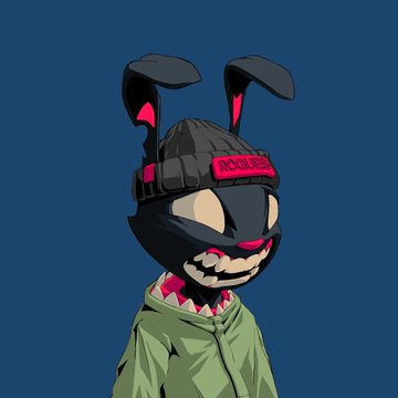A stylized cartoon image of a character with black bunny ears, a black mask, a pink 'KAOS' headband, and a green jacket against a solid blue background.