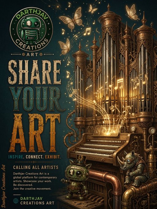 A steampunk-themed promotional poster from Darthjav Creations Art features an ornate pipe organ with a small robotic figure and a mechanical rhino, accompanied by the bold text "SHARE YOUR ART" and a call for artists to "INSPIRE. CONNECT. EXHIBIT." The accompanying post invites artists to drop their masterpieces for an Art Share Tuesday, tying directly to the steampunk rhino and workbench imagery shown in the poster.