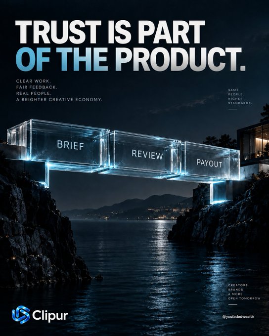 A Clipur advertisement with the tagline 'TRUST IS PART OF THE PRODUCT' displaying glowing bridge-like structures labeled 'BRIEF', 'REVIEW', and 'PAYOUT' spanning a body of water.