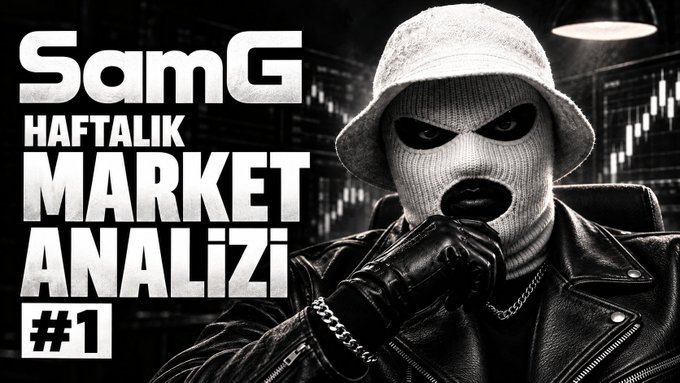 A black and white thumbnail titled 'SamG HAFTALIK MARKET ANALİZİ #1' featuring a person in a balaclava, bucket hat, and leather jacket posed in front of stock chart backgrounds.