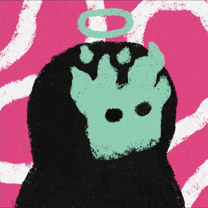 A stylized illustration of a dark figure with a green alien-like face and a green halo, set against a textured pink background.