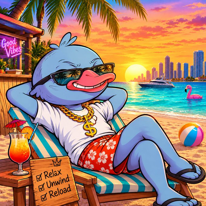A cheerful blue cartoon duck relaxes on a beach chair wearing sunglasses and a gold "$" chain, surrounded by tropical drinks, a "Good Vibes" sign, and a checklist reading "Relax, Unwind, Reload" — perfectly capturing the post's Sunday vibes of touching grass and letting AI agents handle the trading.