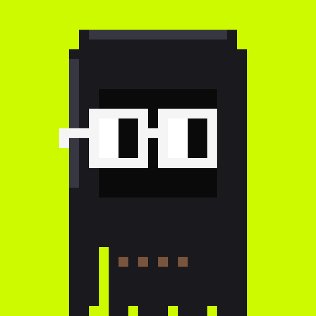 A simple pixel art illustration of a dark grey device or meter with a white horizontal connector and small orange/yellow details on a bright green-yellow background.