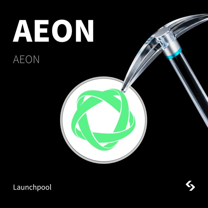 A pickaxe graphic strikes a coin bearing the AEON green logo against a black background, illustrating the mining-themed AEON launchpool event on Bitget.