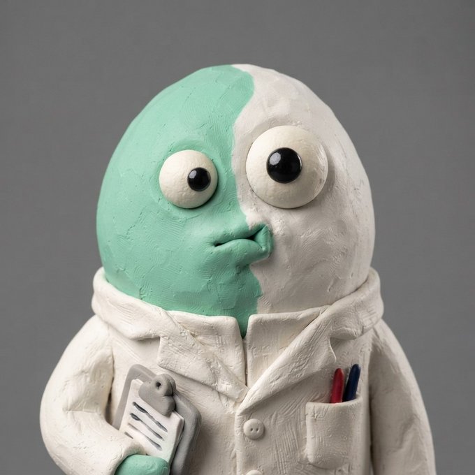 A clay sculpture of a quirky character with half mint-green and half white face, large googly eyes, and a lab coat holding a clipboard—visually representing the "Claymates Mint" collection being promoted, with a green pen in its pocket matching the mint theme.

No additional text, numbers, or names are visible in the image itself.