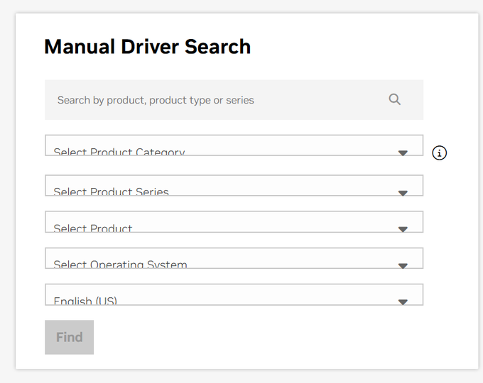 A "Manual Driver Search" interface with a search bar and dropdown menus for selecting Product Category, Product Series, Product, Operating System, and Language, currently set to English (US).
