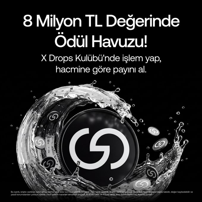 A promotional image for OKX TR's X Drops Club campaign features a sleek black background with bold white text announcing "8 Milyon TL Değerinde Ödül Havuzu!" (8 Million TL Prize Pool!) and instructions in Turkish to trade on X Drops Club to earn rewards based on volume. The central visual showcases the GRVT token logo—a stylized "G"—surrounded by dynamic water splashes and smaller token icons, visually reinforcing the "Gravity" campaign theme and liquidity concept referenced in the accompanying post.