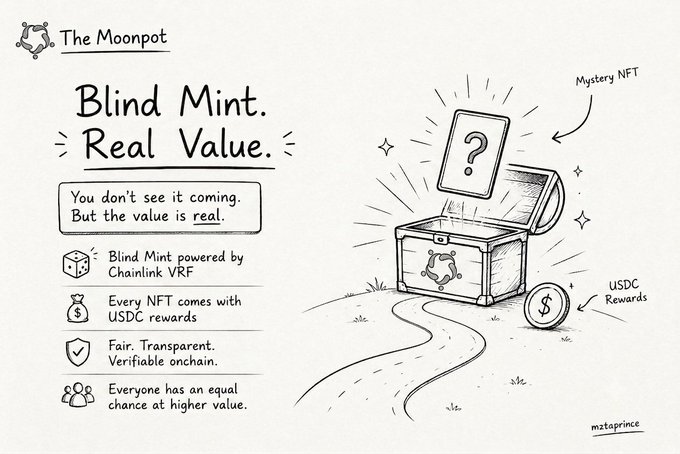 The image is a hand-drawn sketch promoting "The Moonpot" Blind Mint, featuring a treasure chest opening to reveal a question mark mystery NFT and a USDC reward coin, with bullet points highlighting Chainlink VRF-powered randomness, USDC rewards, onchain transparency, and equal chance for higher value—all aligning with the post's emphasis on verifiable randomness and built-in USDC rewards for each minted NFT.