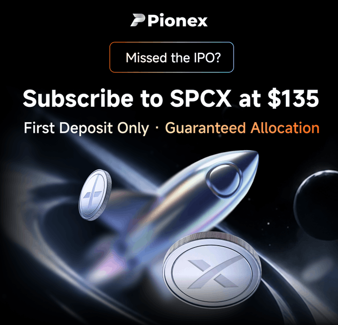"SPCX at issue price?"  is a statement that encourages viewers to sign up for the SPCX allocation, which can be linked to the given image featuring an image of a rocket with some coins attached to it. The image has a black background and shows a coin placed near two other coins in the center. The first step towards this allocation is to make a deposit on Pionex's website, then they will notify you about the SPCX at issue price and provide instructions for accessing the allocation. This allocation offers a free cryptocurrency trading opportunity that can be used to trade or invest in cryptocurrencies like Bitcoin (BTC).