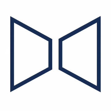 A minimalist navy blue logo featuring two opposing angular bracket-like shapes forming a bowtie or hourglass design on a white background.