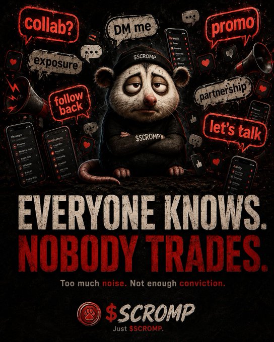 Meme-style advertisement featuring an opossum character wearing '$SCROMP' merchandise, surrounded by speech bubbles like 'collab?', 'DM me', 'promo', 'exposure', and 'let's talk', with bold text reading 'EVERYONE KNOWS. NOBODY TRADES. Too much noise. Not enough conviction.'