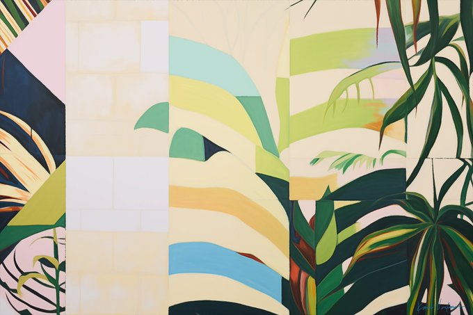 A contemporary abstract painting featuring overlapping geometric and organic shapes with tropical foliage motifs in greens, yellows, pinks, and blues against a cream background.