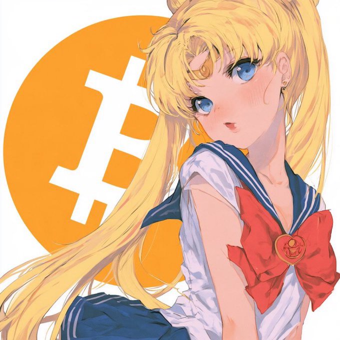 Anime-style illustration of a blonde girl with twin tails and a sailor uniform, featuring a large orange circle with white symbols in the background.