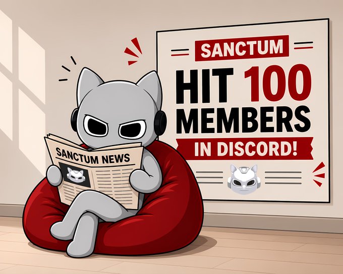A cartoon character lounges on a bean bag reading "SANCTUM NEWS," next to a poster announcing "SANCTUM HIT 100 MEMBERS IN DISCORD!"—celebrating the milestone referenced in the post inviting new dwellers to join the growing community.