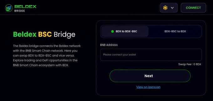 Screenshot of the Beldex BSC Bridge interface, a cryptocurrency tool connecting Beldex to the BNB Smart Chain network, displaying options to swap BDX to BDX-BSC or vice versa, with a prompt to connect a wallet.