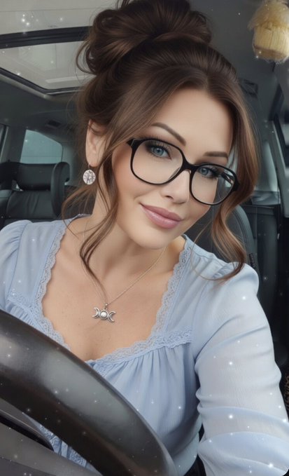 The image features a woman wearing glasses and a blue shirt with a silver necklace. She has her hair styled in a bun, giving her a sophisticated look. The background of the photo shows a car interior, suggesting that she might be on a road trip or driving somewhere. The caption to the image reads "Still here, bags heavy, heart full. To my #HEX & #PulseChain family, watching friends drift and sentiment turn cold: I see you. I feel the weight. My solidarity is real, my compassion deep, and my faith unshaken."