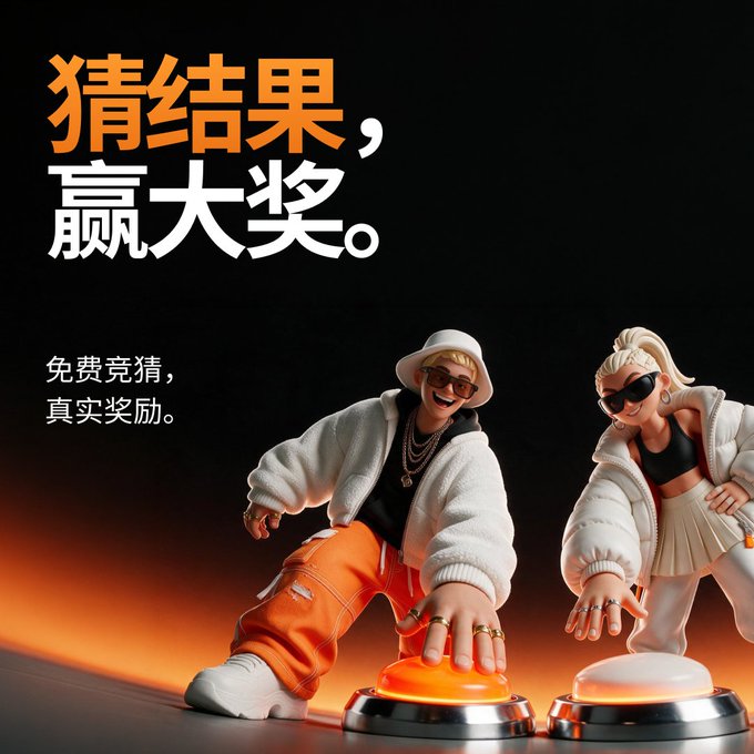 A promotional advertisement featuring two stylish figures in streetwear pressing buttons, with Chinese text '猜结果，赢大奖' (Guess the result, win a big prize) and '免费竞猜，真实奖励' (Free guessing, real rewards).