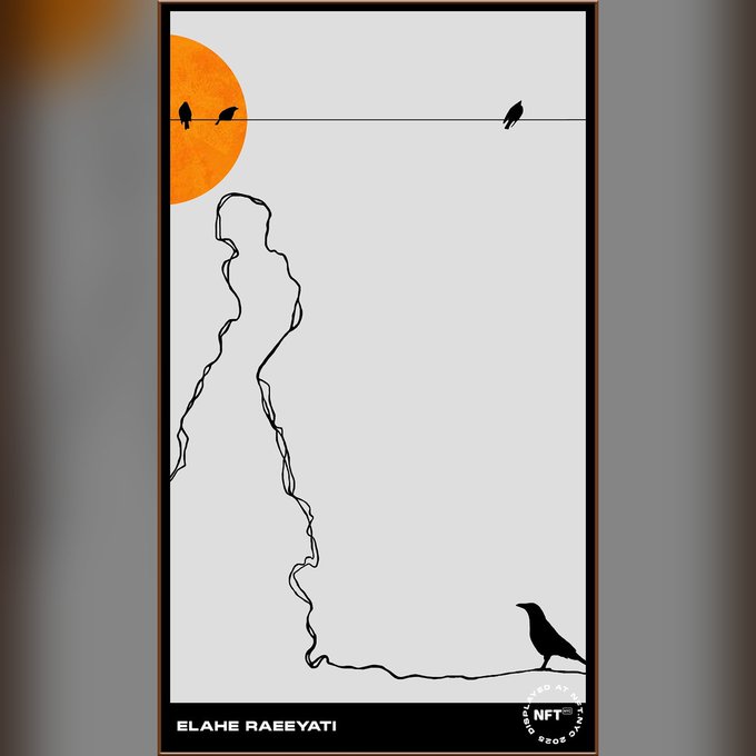 An NFT artwork titled 'ELAHE RAEEYATI' on the Artano NFT platform, depicting a minimalist line drawing of a figure with a bird silhouette and an orange sun.