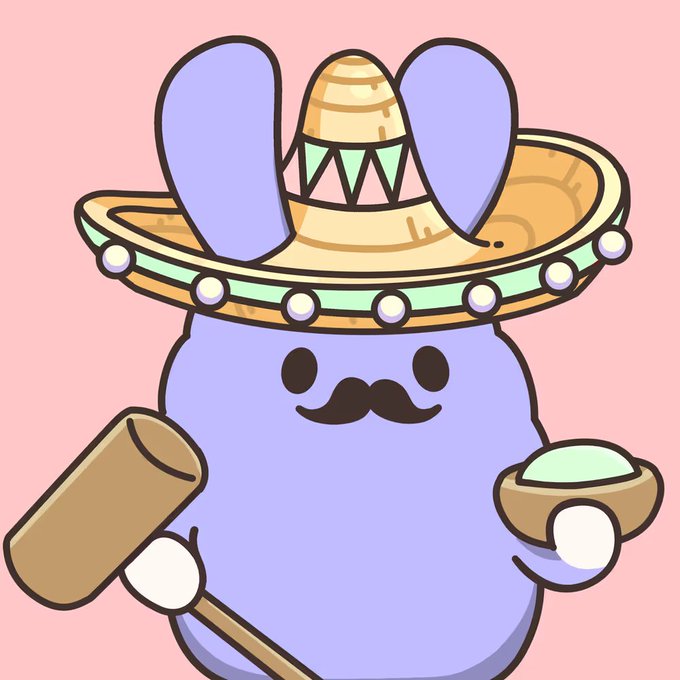 A cartoon illustration of a purple bunny character wearing a sombrero with decorative trim, a black mustache, holding a maraca and what appears to be a small percussion instrument, set against a pink background.
