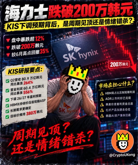 A promotional graphic in Chinese analyzing SK Hynix (海力士), noting a 12% intraday drop and breaking below 2 million KRW, with bullet points on Q2 revenue, operating profit, and a 26/27 year profit forecast, questioning whether it's a cyclical peak or emotional overselling.
