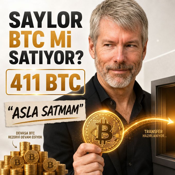 The image features a man holding up a gold coin, presumably a Bitcoin, with the text "SAYLOR BTC Mİ SATIYOR?" above him. It appears that he is posing for an advertisement or promotional material related to bitcoin. There are many coins on display in the background. Additionally, there's an illustration of a coin below the man and another image showing multiple Bitcoins scattered throughout the scene.