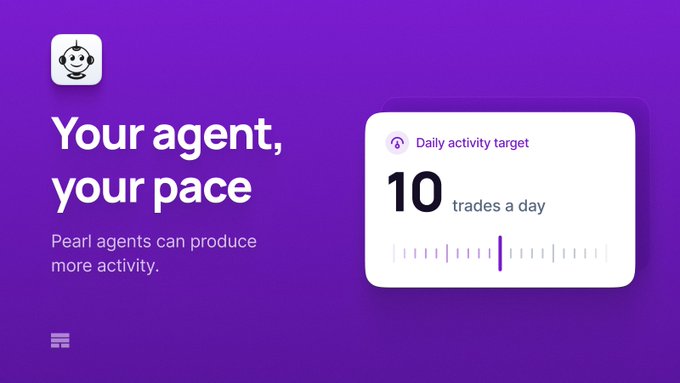 A purple promotional graphic reads "Your agent, your pace" and "Pearl agents can produce more activity," alongside a white card showing "Daily activity target 10 trades a day."