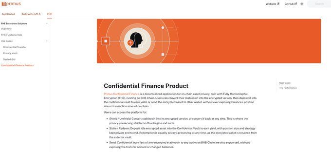 A documentation webpage titled 'Confidential Finance Product' describes a decentralized application for on-chain asset privacy using Fully Homomorphic Encryption.