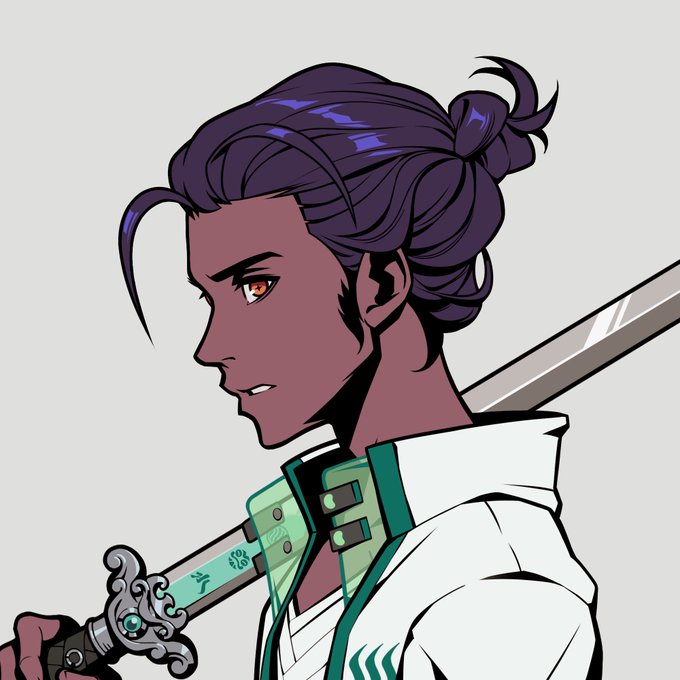 Anime-style illustration of a dark-skinned character with purple hair in a bun, red eyes, and a white/green outfit carrying a sword on their back.