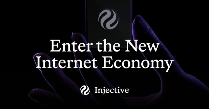 A dark promotional banner with purple-lit hands holding a glowing logo, displaying the text 'Enter the New Internet Economy' and the 'Injective' brand name.