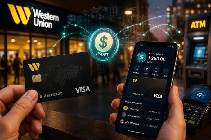 The image depicts a hand holding a "STABLECARD" Visa-branded card alongside a smartphone displaying a digital wallet with a "USDT Balance" of 1,250.00 USDPT and options for Receive, Send, and Top Up. In the background, the Western Union logo and an ATM are visible, visually illustrating the article's announcement of Western Union's partnership with Rain to launch Stablecard, enabling users to hold, receive, and spend USDPT via Visa across 37 markets.