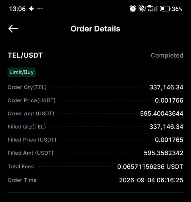 A screenshot of a completed limit buy order on the TEL/USDT pair, showing the purchase of 337,146.34 TEL at 0.001766 USDT (filled at 0.001765) for a total of 595.35 USDT on September 4, 2026—supporting the post's claim of topping up positions during a market dip.