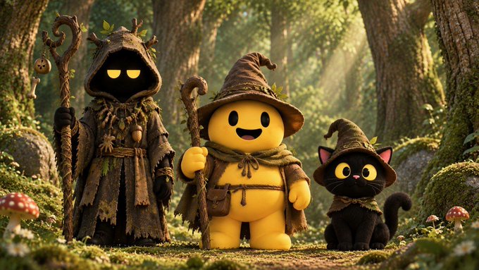 Three whimsical forest characters—a mysterious cloaked figure, a cheerful yellow blob, and a black cat, all wearing matching wizard hats—stand together in a sunlit woodland. The image ties to the post's playful tone, with the trio's teamwork and readiness to "launch" mirroring the expansion of the GO ecosystem and the new ways to launch being announced.