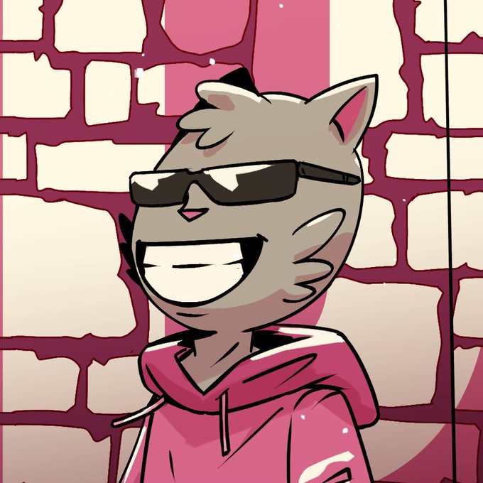 An illustrated anthropomorphic gray cat wearing sunglasses and a pink hoodie smiles broadly against a pink-tinted brick wall background. The cheerful mascot image complements the post's explanation about the ODD CATS philosophy and rarity preferences, serving as a friendly, approachable visual for the project.