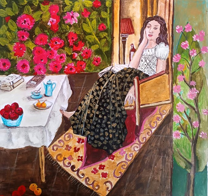 The image features a woman sitting alone at an outdoor table, with a rug beneath her feet. The painting depicts a serene scene of a garden or patio setting, complete with flowers and trees. A chair can be seen next to the table where she is seated. There are also several books scattered around the area, suggesting that this could be a reading spot for relaxation.