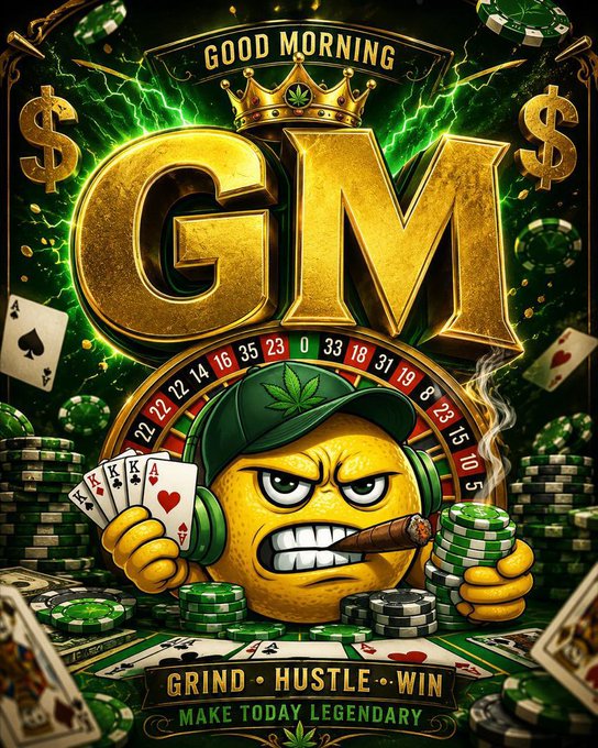 Bold gambling-themed graphic with 'GOOD MORNING GM' gold lettering topped with a crown, featuring a yellow character with a marijuana leaf cap holding playing cards and a cigar, surrounded by chips, dice, and a roulette wheel, with tagline 'GRIND · HUSTLE · WIN · MAKE TODAY LEGENDARY.'