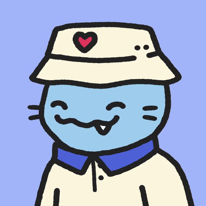 A cartoon-style blue cat-like character with a smug closed-eye smile and small fang, wearing a cream-colored bucket hat with a pink heart logo and a polo shirt on a light purple background.