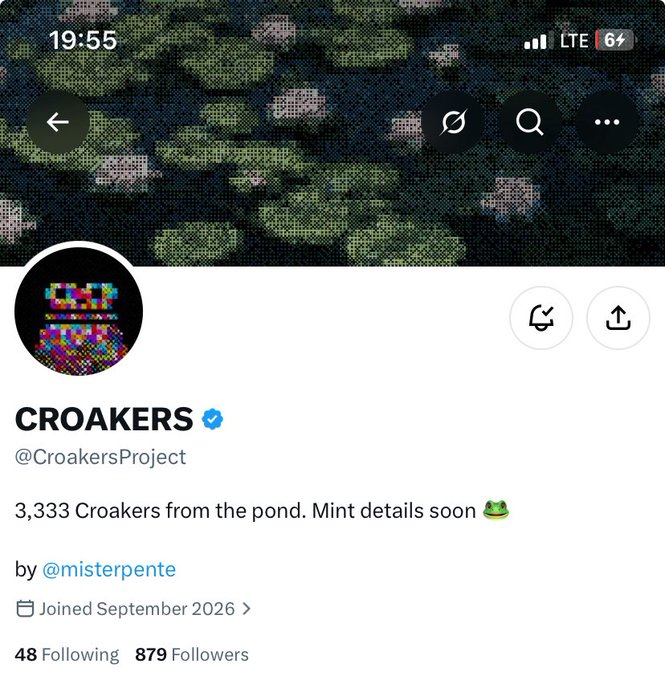 A Twitter/X profile page for 'CROAKERS' (@CroakersProject) verified, with the bio '3,333 Croakers from the pond. Mint details soon 🐸', created by @misterpente, joined September 2026, showing 48 Following and 879 Followers.